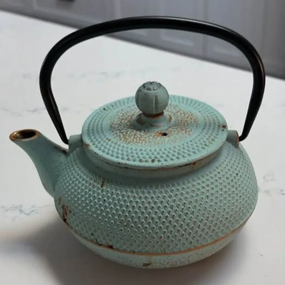 Vintage Japanese Tetsubin Cast Iron Teapot Turquoise Blue Hobnail Arare